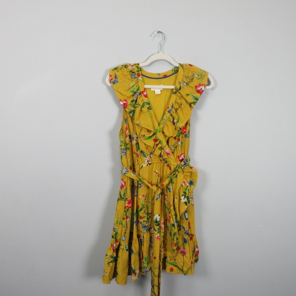 Anthropologie Dresses & Skirts - Maeve Anthropologie Yellow Floral Ruffle Wrap Mini Dress Women's Medium Boho M